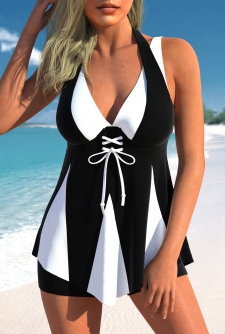 ROTITA Lace Up Contrast Black Swimdress Top