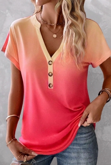 ROTITA Button Ombre Peach Red Split Neck T Shirt