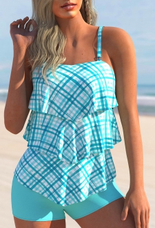 ROTITA Asymmetric Hem Cyan Plaid Tankini Set