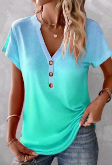 ROTITA Button Ombre Mint Green Split Neck T Shirt