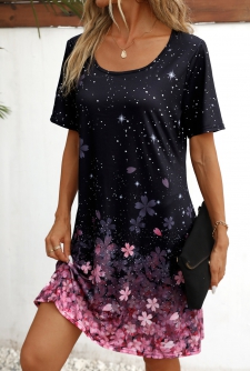 Floral Print Black Short Shift Dress
