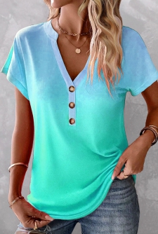 ROTITA Button Ombre Mint Green Split Neck T Shirt