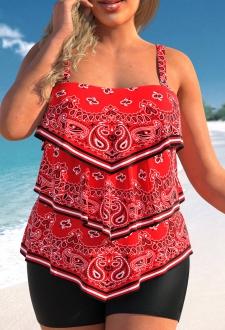 ROTITA Plus Size Asymmetry Paisley Print Red Tankini Top