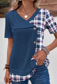 ROTITA Patchwork Plaid Blue V Neck T Shirt