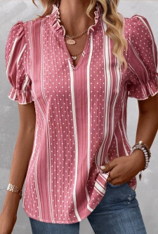 ROTITA Frill Striped Pink Split Neck Short Sleeve Blouse