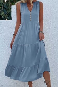 Button Dusty Blue A Line Dress