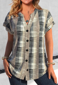 ROTITA Button Geometric Print Light Camel Split Neck Blouse