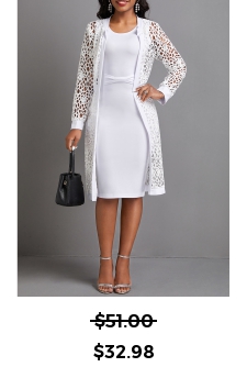 ROTITA Mesh White Two-Piece Round Neck Dress and Cardigan