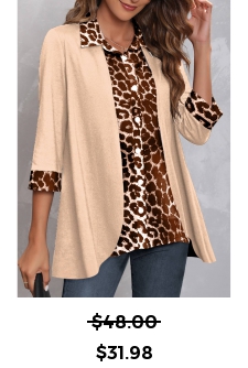ROTITA Fake 2in1 Leopard Light Camel Shirt Collar Blouse