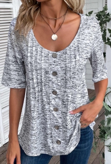 ROTITA Plus Size Button Grey Scoop Neck T Shirt