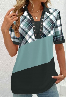 ROTITA Eyelet Plaid Sage Green Split Neck Blouse