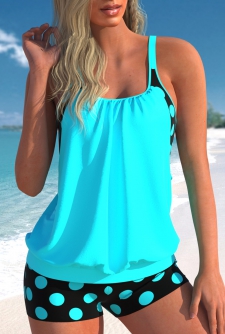 ROTITA Fake 2in1 Cyan Polka Dot Tankini Top