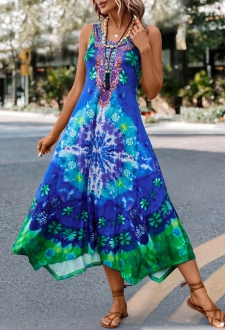 Asymmetry Tie Dye Print Blue H Shape Dress