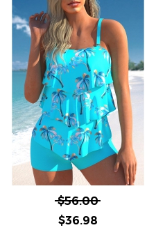 ROTITA Coconut Tree Print Cyan Layered Hem Tankini Set