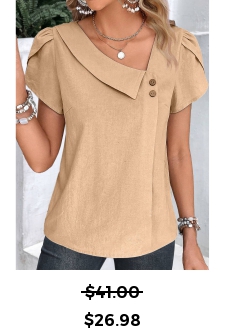 ROTITA Button Light Camel Asymmetrical Neck Short Sleeve Blouse