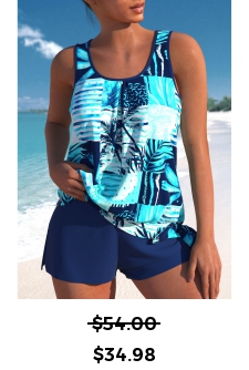 ROTITA Tie Cyan Tropical Plants Print Tankini Set