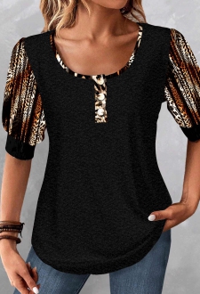 ROTITA Patchwork Leopard Black Scoop Neck Half Sleeve Blouse