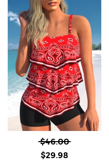 ROTITA Asymmetry Red Paisley Print Tankini Top
