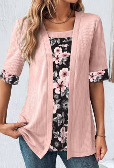 ROTITA Fake 2in1 Floral Print Light Pink T Shirt