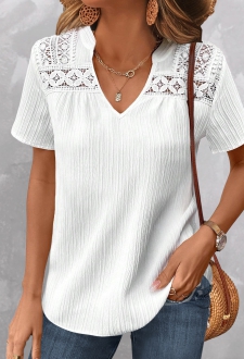 ROTITA Lace White Split Neck Short Sleeve Blouse