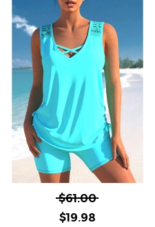 ROTITA Lace Patchwork Cross Strap Cyan Tankini Set