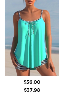 ROTITA Striped Bowknot Cyan Spaghetti Strap Tankini Set