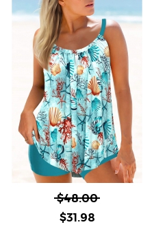 ROTITA Asymmetry Green Plants Print Mid Waisted Tankini Set