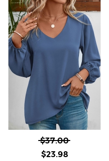 Dusty Blue V Neck Long Sleeve Blouse