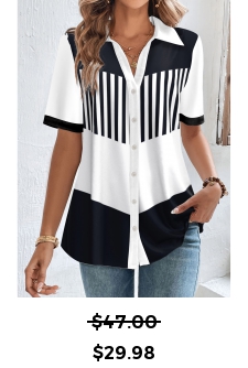 ROTITA Button Striped White Shirt Collar Short Sleeve Blouse