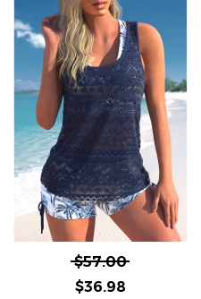 ROTITA Three-piece Navy Tropical Plants Print Tankini Set