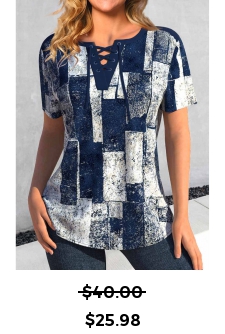 ROTITA Lace Up Geometric Print Navy Short Sleeve Blouse