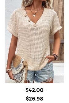 ROTITA Button Beige V Neck Short Sleeve T Shirt