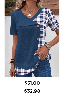 ROTITA Patchwork Plaid Blue V Neck T Shirt