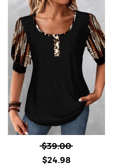ROTITA Patchwork Leopard Black Scoop Neck Half Sleeve Blouse