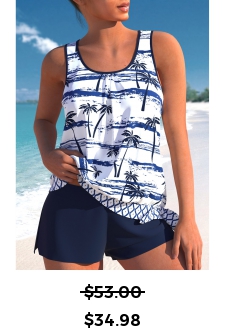 ROTITA Patchwork Navy Tropical Plants Print Tankini Set