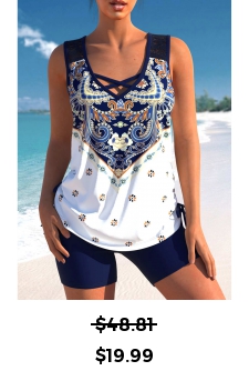 ROTITA Tribal Print Cross Strap Navy Blue Tankini Set