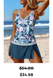 ROTITA Patchwork Peacock Blue Tropical Plants Print Tankini Set