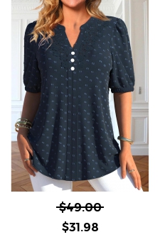 ROTITA Button Navy Split Neck Short Sleeve Blouse