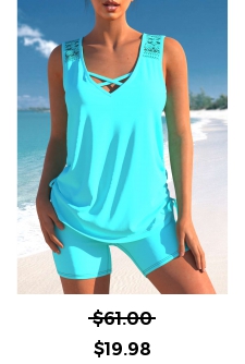 ROTITA Lace Patchwork Cross Strap Cyan Tankini Set