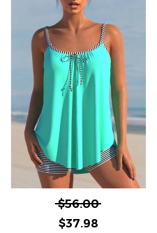 ROTITA Striped Bowknot Cyan Spaghetti Strap Tankini Set