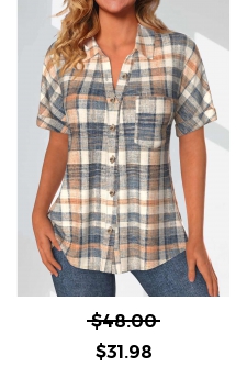 ROTITA Button Plaid Multi Color Shirt Collar Blouse