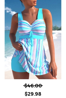 ROTITA Drawstring Cyan Multi Stripe Print Swimdress Top