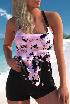 ROTITA Floral Print Wide Strap Pink Tankini Top