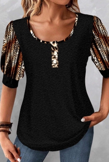 ROTITA Patchwork Leopard Black Scoop Neck Half Sleeve Blouse