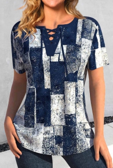 ROTITA Lace Up Geometric Print Navy Short Sleeve Blouse