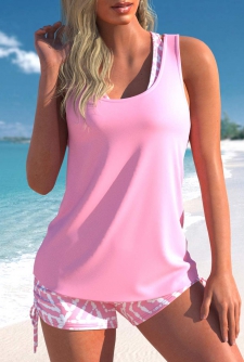 ROTITA Three-piece Pink Geometric Print Mid Waisted Tankini Set