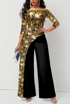 ROTITA Hot Stamping Floral Print Golden Jumpsuit