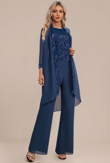 ROTITA Patchwork Navy Long Round Neck Sleeveless Jumpsuit and Cardigan