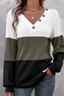 ROTITA Patchwork Olive Green V Neck Long Sleeve Sweatshirt