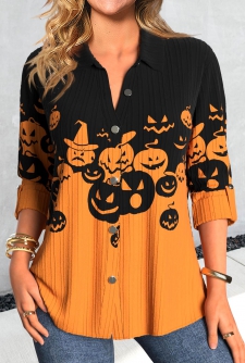 ROTITA Button Halloween Pumpkin Print Orange Shirt Collar Blouse